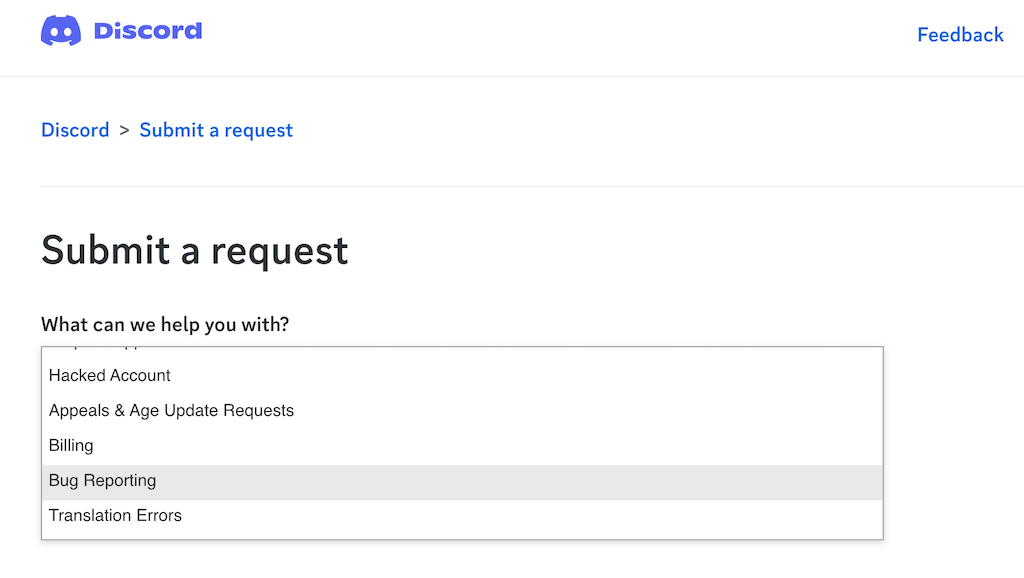 Screenshot of submitting a report to Discord Support Team 